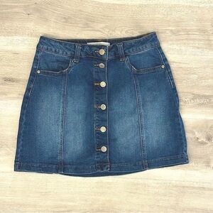 I&M Jeans Skirt Womens Medium Blue Denim Mini High Rise Stretch Buttons Classic